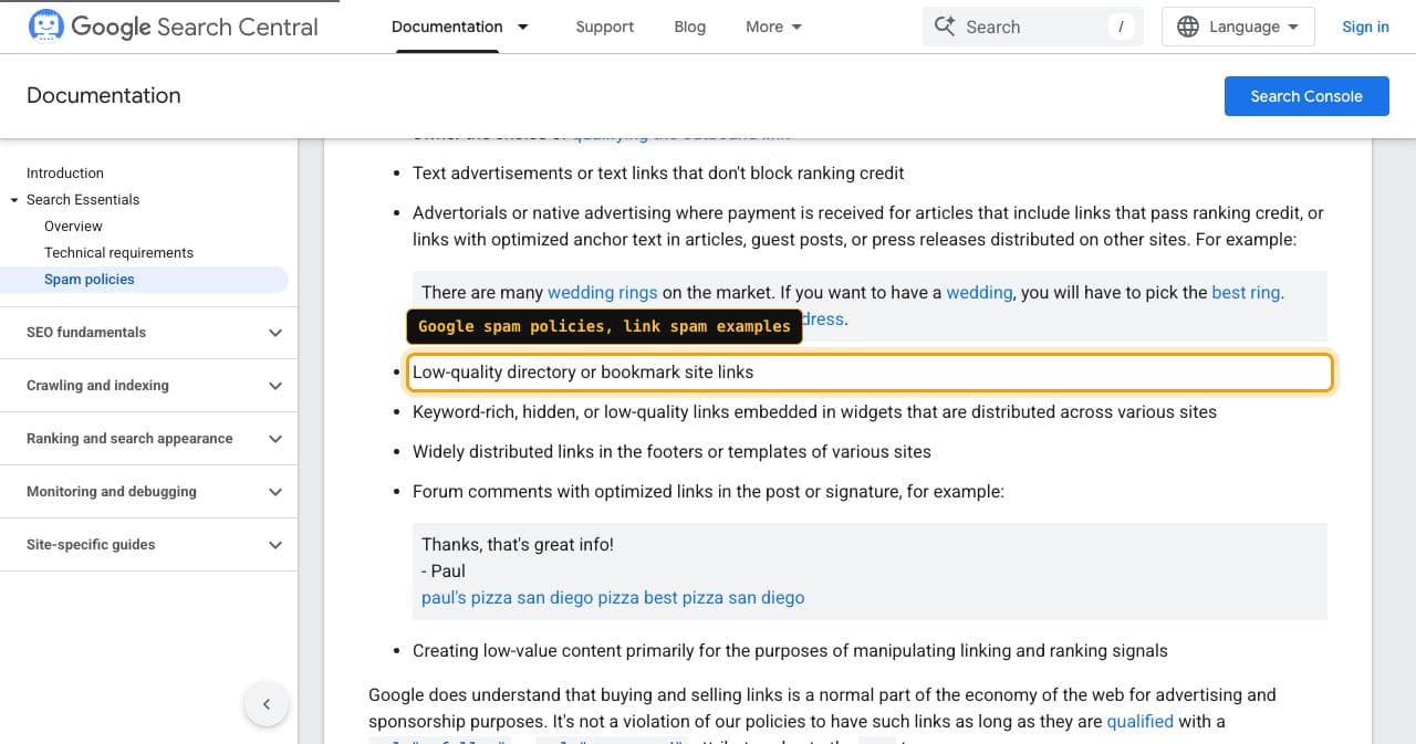 Google's spam policies page with the link spam example "Low-quality directory or bookmark site links" framed, between examples about advertorials and links embedded in widgets, above the paragraph saying paid links are fine when qualified with nofollow or sponsored.