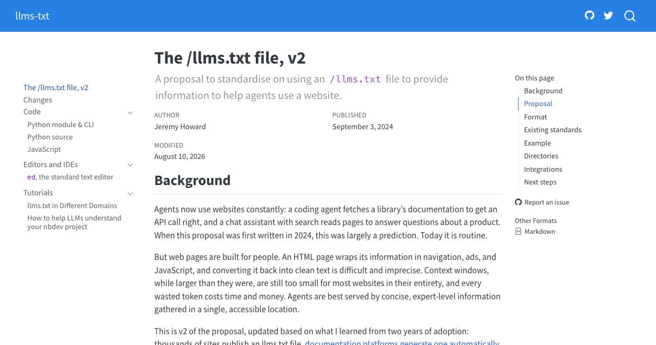 The llmstxt.org home page titled "The /llms.txt file, v2", with author Jeremy Howard, published September 3, 2024 and modified August 10, 2026, above the Background section.