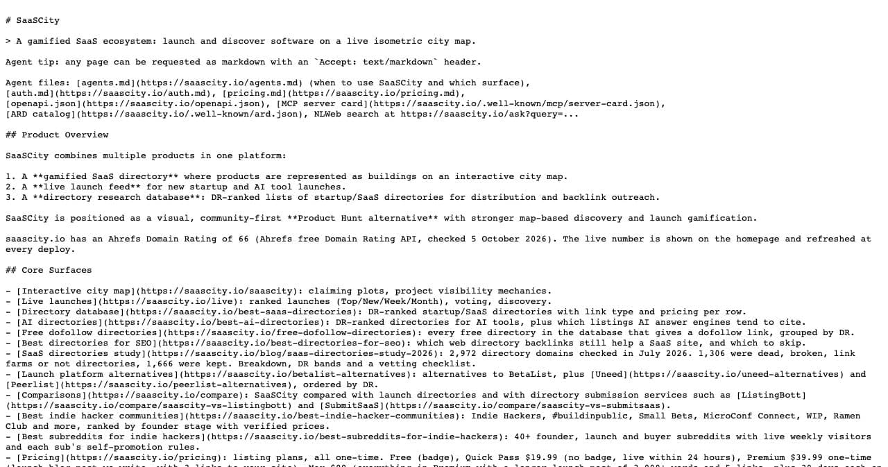 The top of SaaSCity's llms.txt in plain text: the SaaSCity H1, a one-line blockquote summary, an agent tip about requesting markdown, links to agent files and the start of the Core Surfaces list.