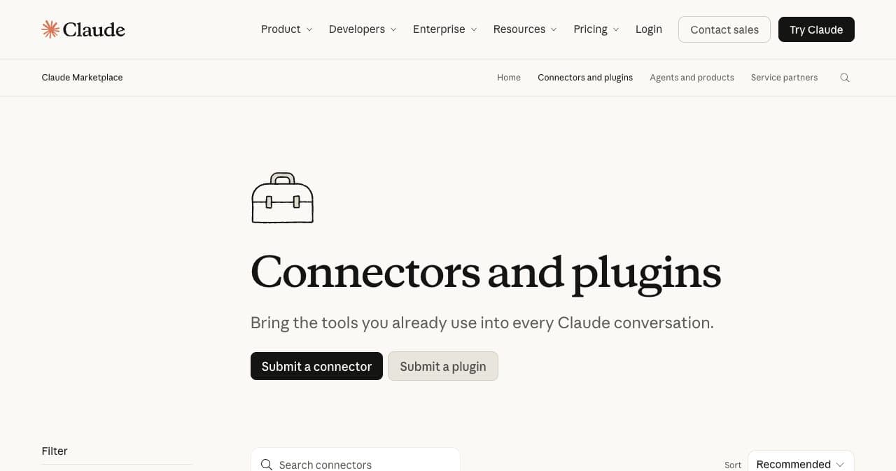 The Connectors and plugins page of the Claude Marketplace on claude.com, with Submit a connector and Submit a plugin buttons