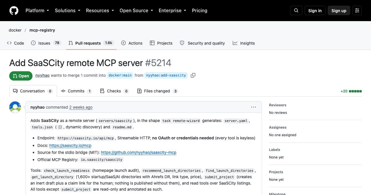 Pull request 5214, Add SaaSCity remote MCP server, open on docker/mcp-registry with Checks 0, no reviewers and no labels, opened 2 weeks ago