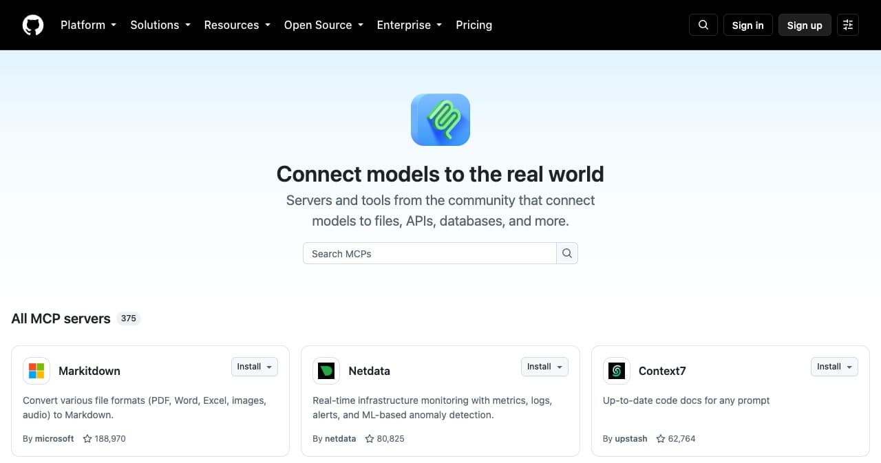 GitHub MCP Registry at github.com/mcp showing All MCP servers 375 above cards for Markitdown, Netdata and Context7