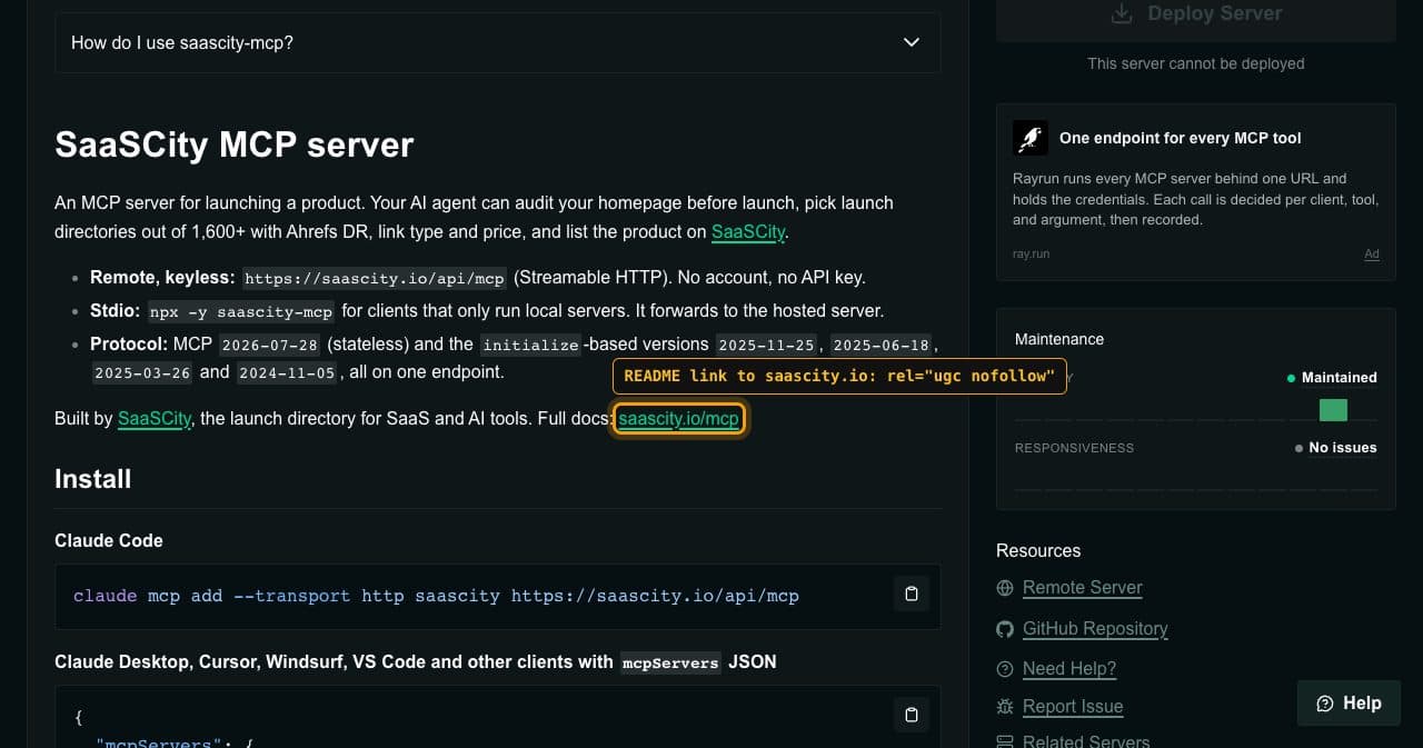 Our Glama listing for saascity-mcp with the README link to saascity.io/mcp framed and labeled rel ugc nofollow; the sidebar reads This server cannot be deployed