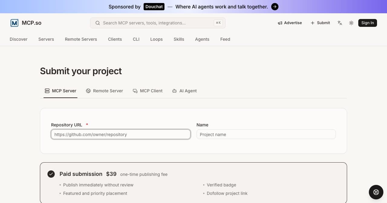mcp.so Submit your project form with a Repository URL field and a Paid submission option at $39 listing publish without review, verified badge, featured placement and dofollow project link