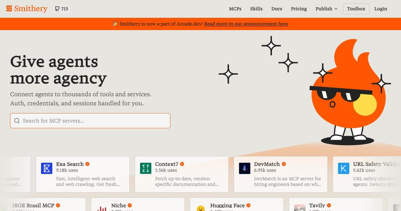 Smithery homepage with an orange banner reading Smithery is now a part of Arcade.dev above a search box for MCP servers