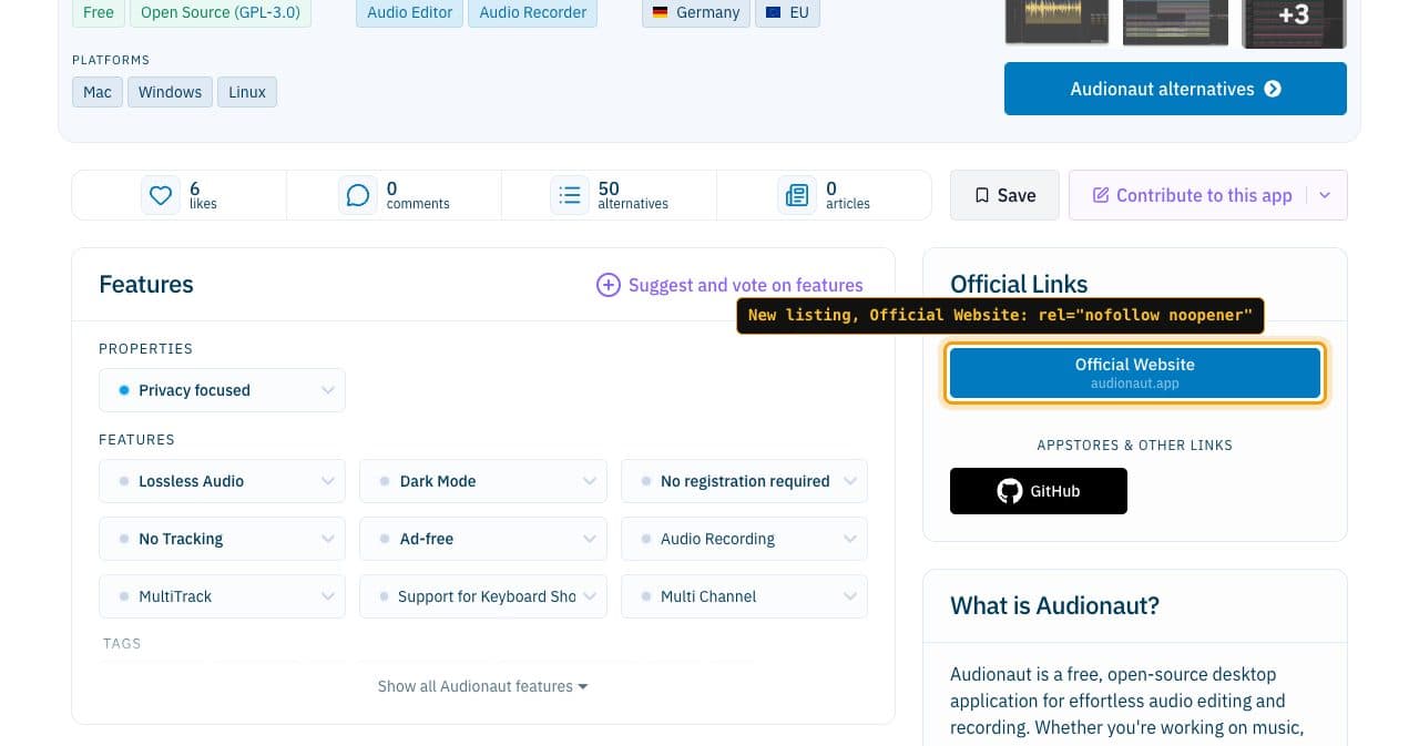 The AlternativeTo page for Audionaut, a new open-source app, with the Official Website button framed and labeled rel="nofollow noopener"
