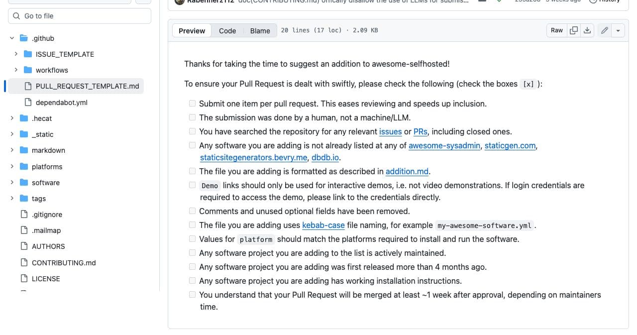 The awesome-selfhosted pull request checklist on GitHub, including the boxes for a human-made submission, a first release more than 4 months old and a merge at least a week after approval