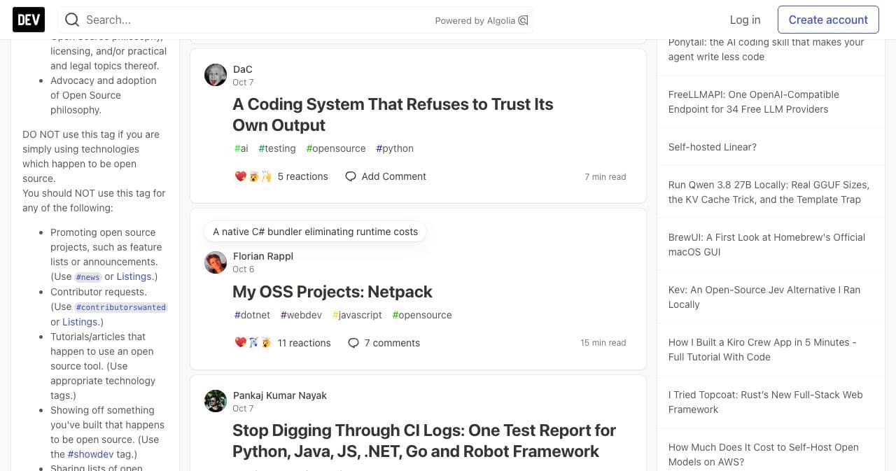 The submission guidelines of the #opensource tag on DEV, saying not to use the tag for promoting open source projects and to use #showdev for something you built
