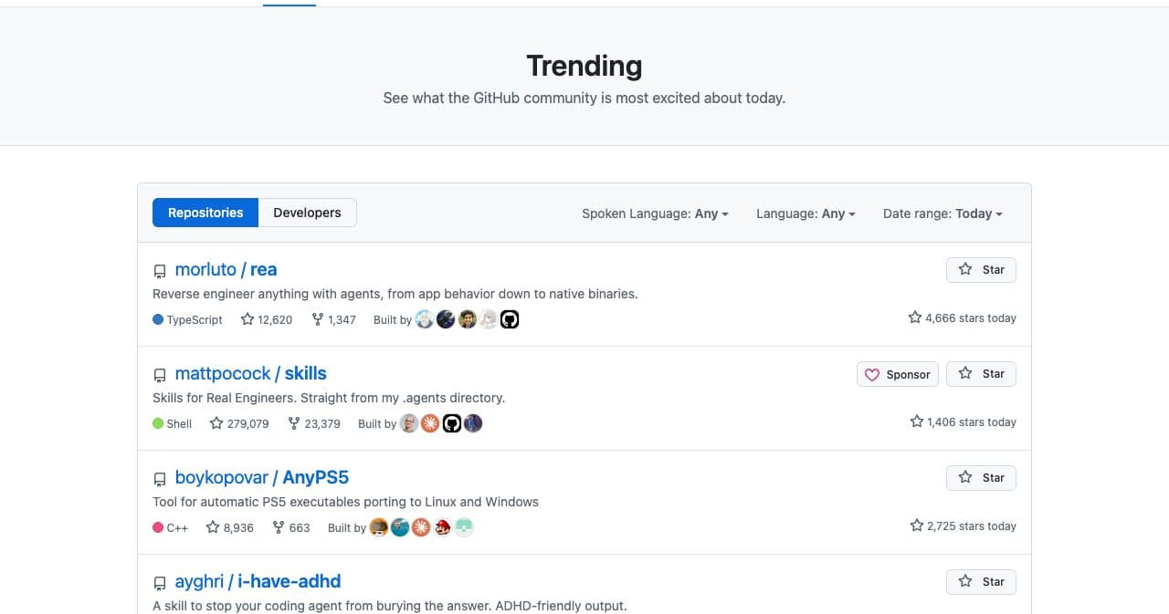 GitHub Trending for October 7, 2026, with the top repositories showing 4,666, 1,406 and 2,725 stars today, in that order