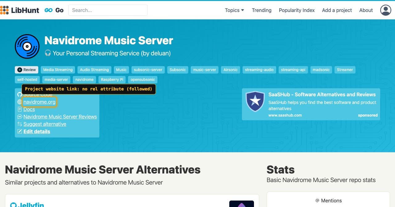 The LibHunt page for Navidrome Music Server with the navidrome.org website link framed and labeled as having no rel attribute
