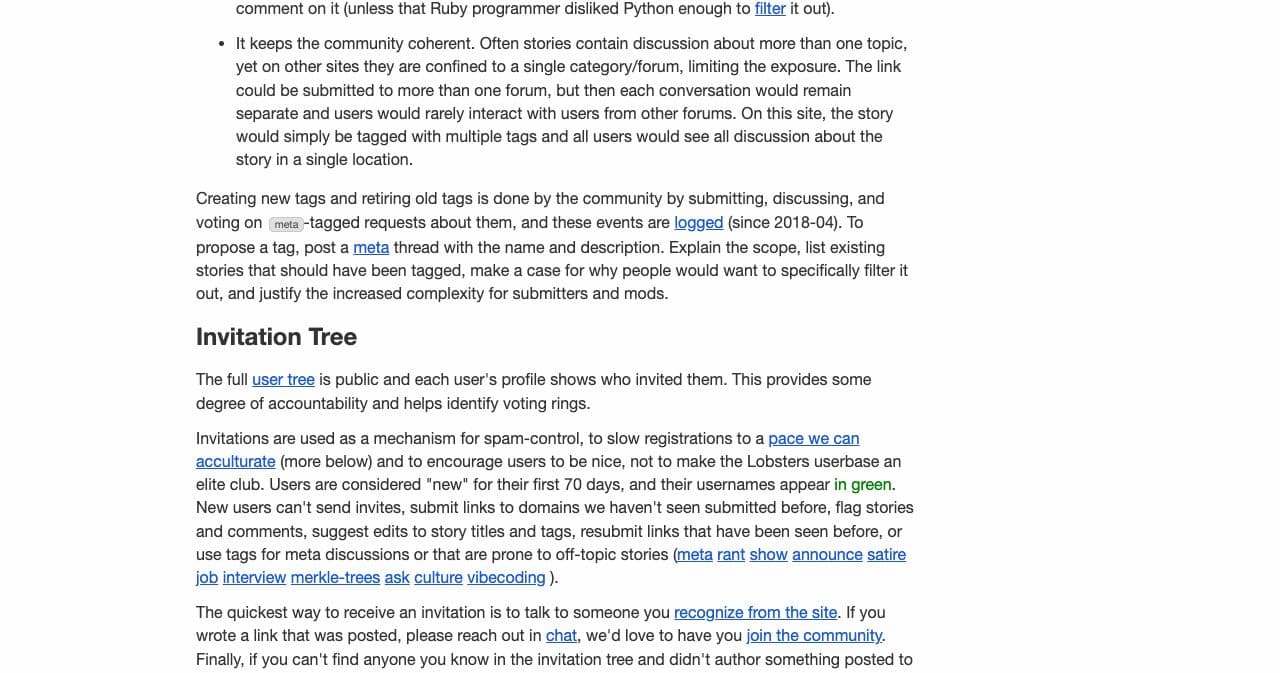 The Invitation Tree section of the Lobsters about page, explaining the 70-day limits for new users and that the quickest way to an invitation is someone you recognize from the site