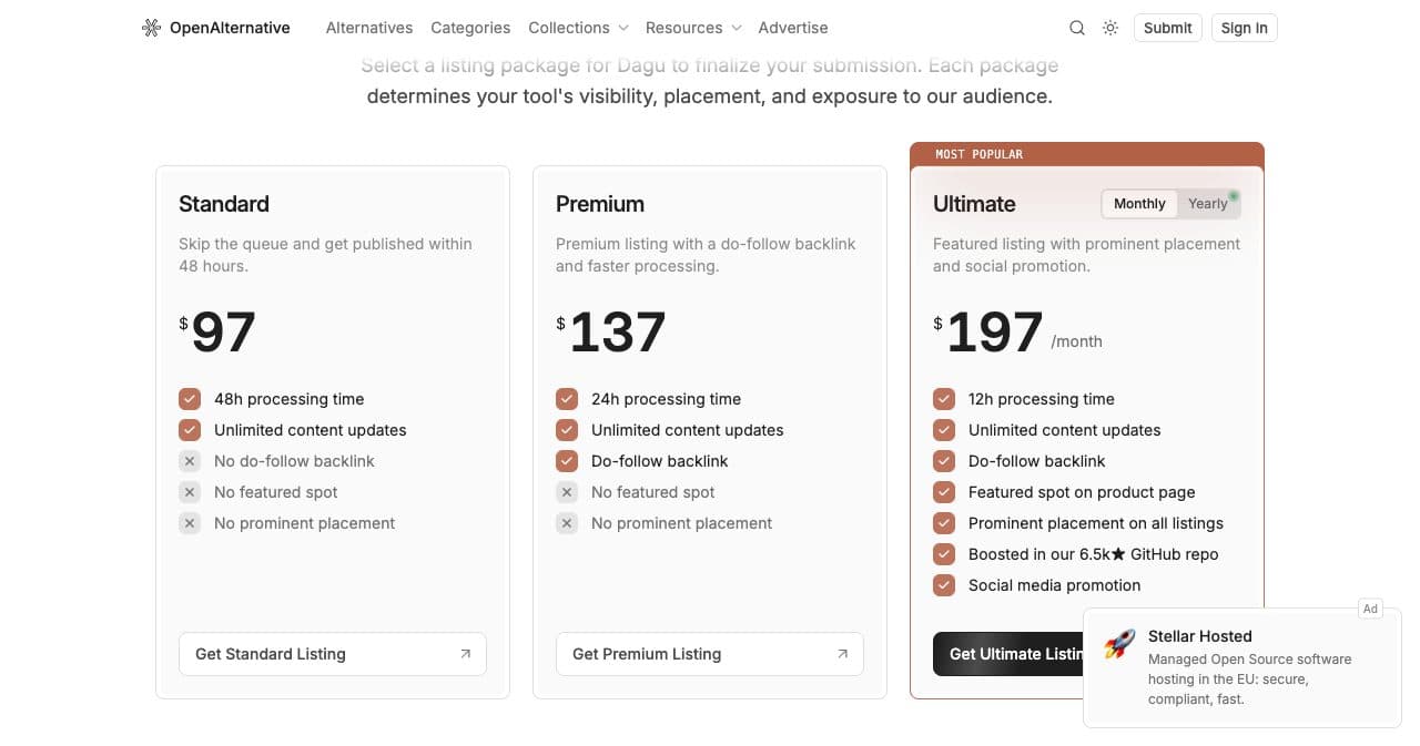 OpenAlternative's submission packages: Standard at $97 with no do-follow backlink, Premium at $137 with a do-follow backlink and a $197-a-month featured tier