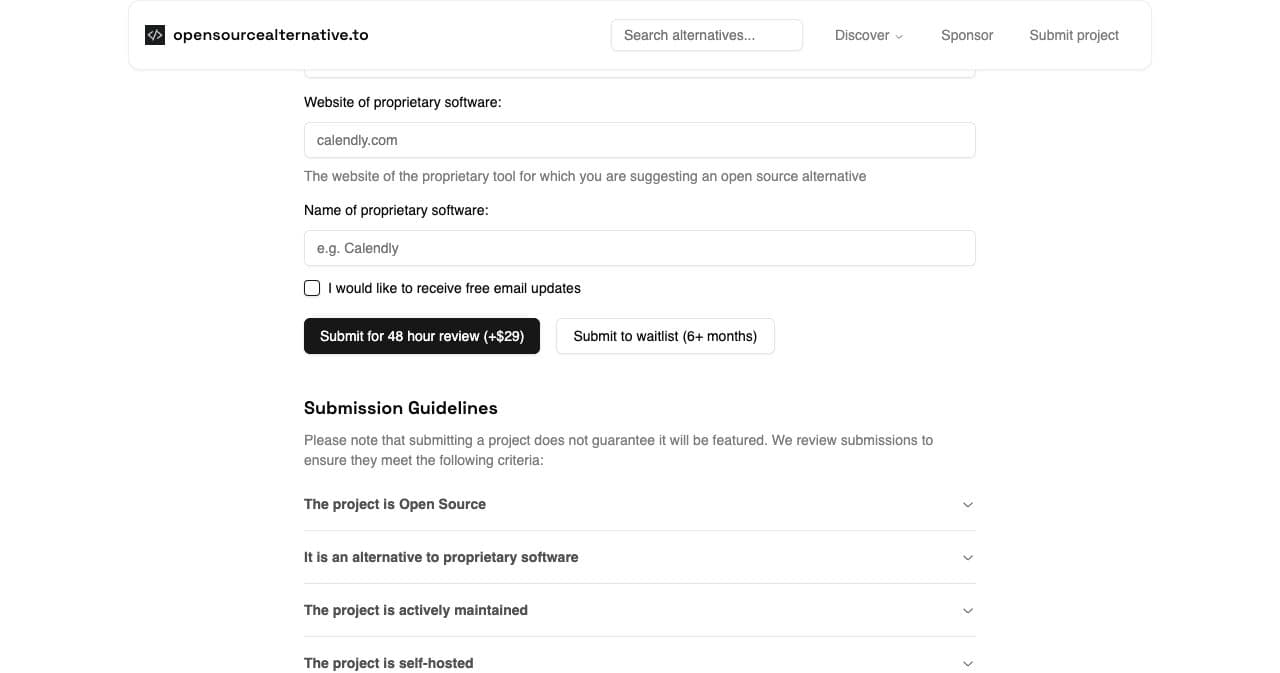 The OpenSourceAlternative.to submit form with two buttons, Submit for 48 hour review (+$29) and Submit to waitlist (6+ months), above its submission guidelines