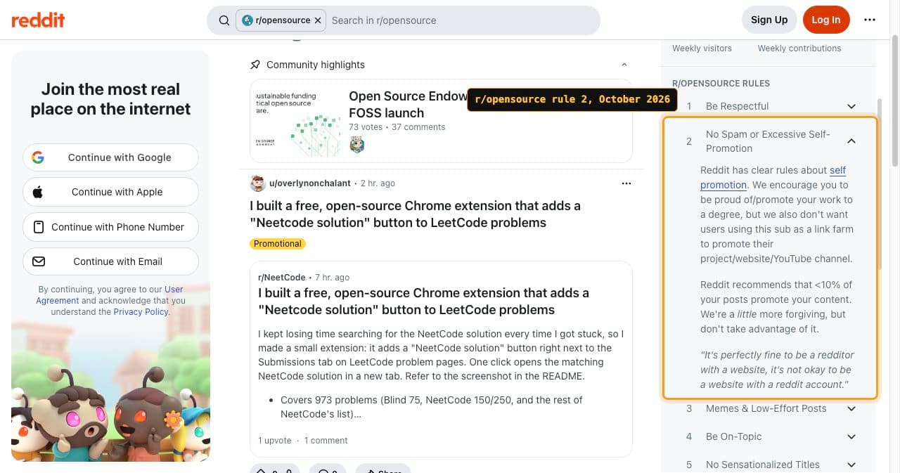 The r/opensource sidebar with rule 2, No Spam or Excessive Self-Promotion, expanded and framed, quoting Reddit's guideline that under 10% of posts should promote your own content