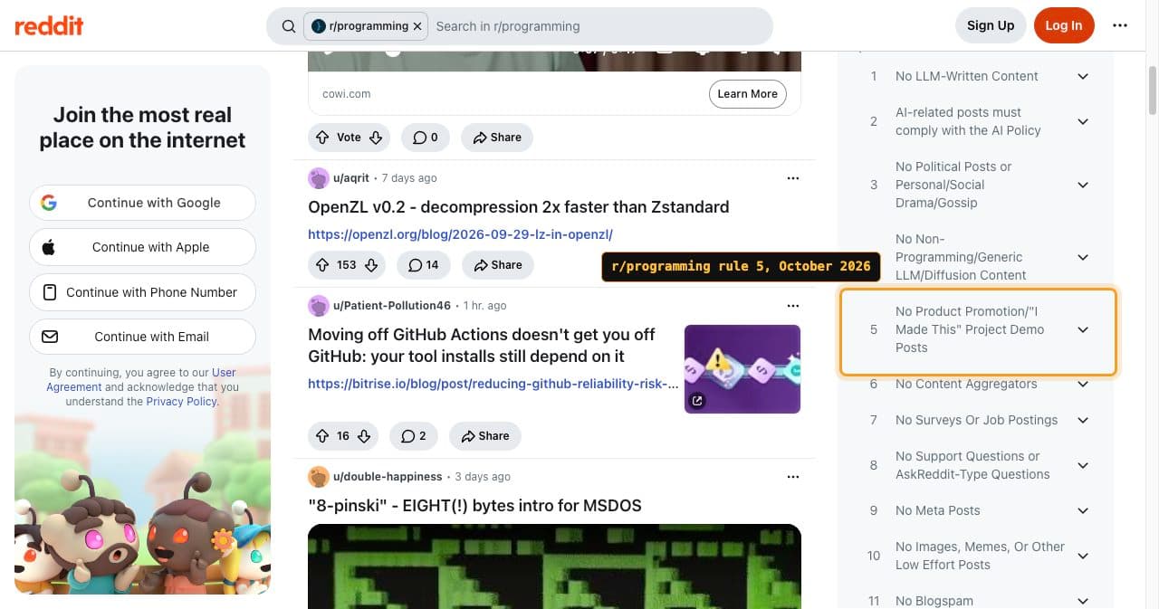 The r/programming rules in the subreddit sidebar, with rule 5 (No Product Promotion/"I Made This" Project Demo Posts) framed and rule 1 (No LLM-Written Content) above it