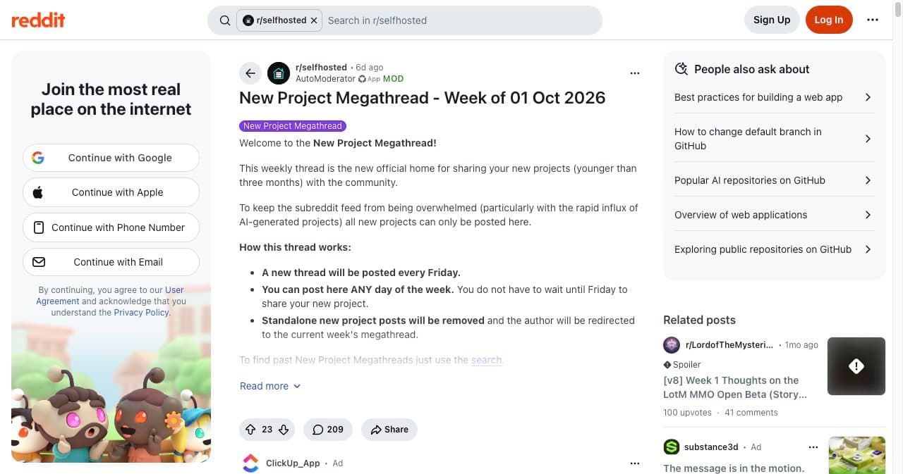 The r/selfhosted New Project Megathread for the week of October 1, 2026, explaining that projects younger than three months can only be posted there and that standalone new project posts are removed