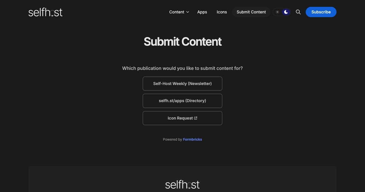 The selfh.st Submit Content form asking which publication the submission is for: Self-Host Weekly, the selfh.st/apps directory or an icon request