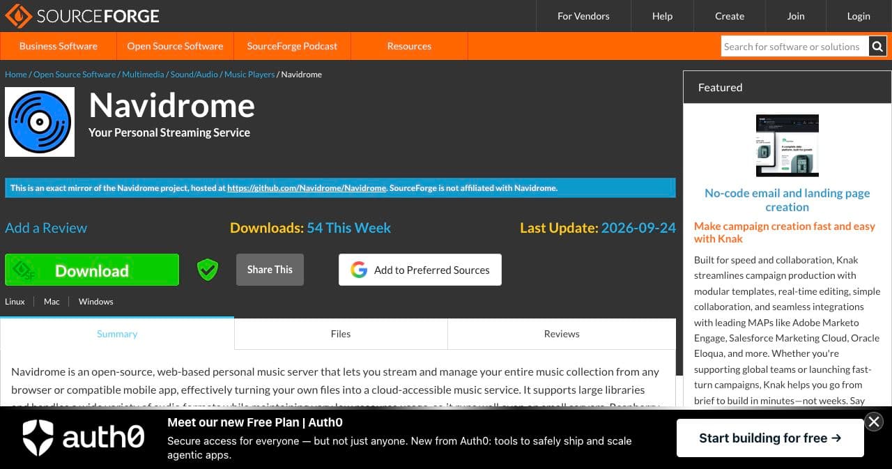 SourceForge's Navidrome page with the notice that it is an exact mirror of the GitHub project and that SourceForge is not affiliated with Navidrome