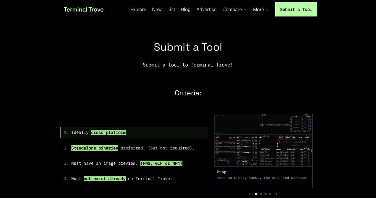 Terminal Trove's Submit a Tool page with its four criteria: ideally cross platform, standalone binaries preferred, an image preview required and not already listed