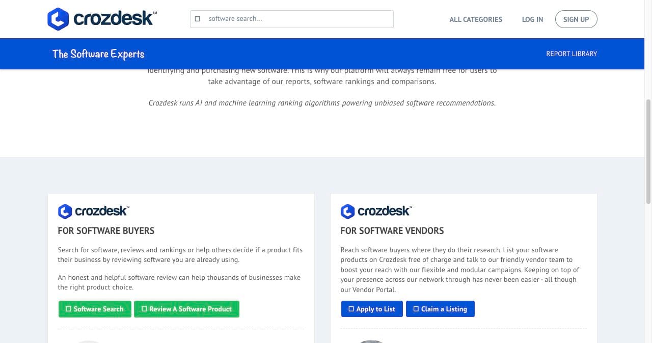 Crozdesk About page with the For software vendors card offering free listings, with Apply to List and Claim a Listing buttons