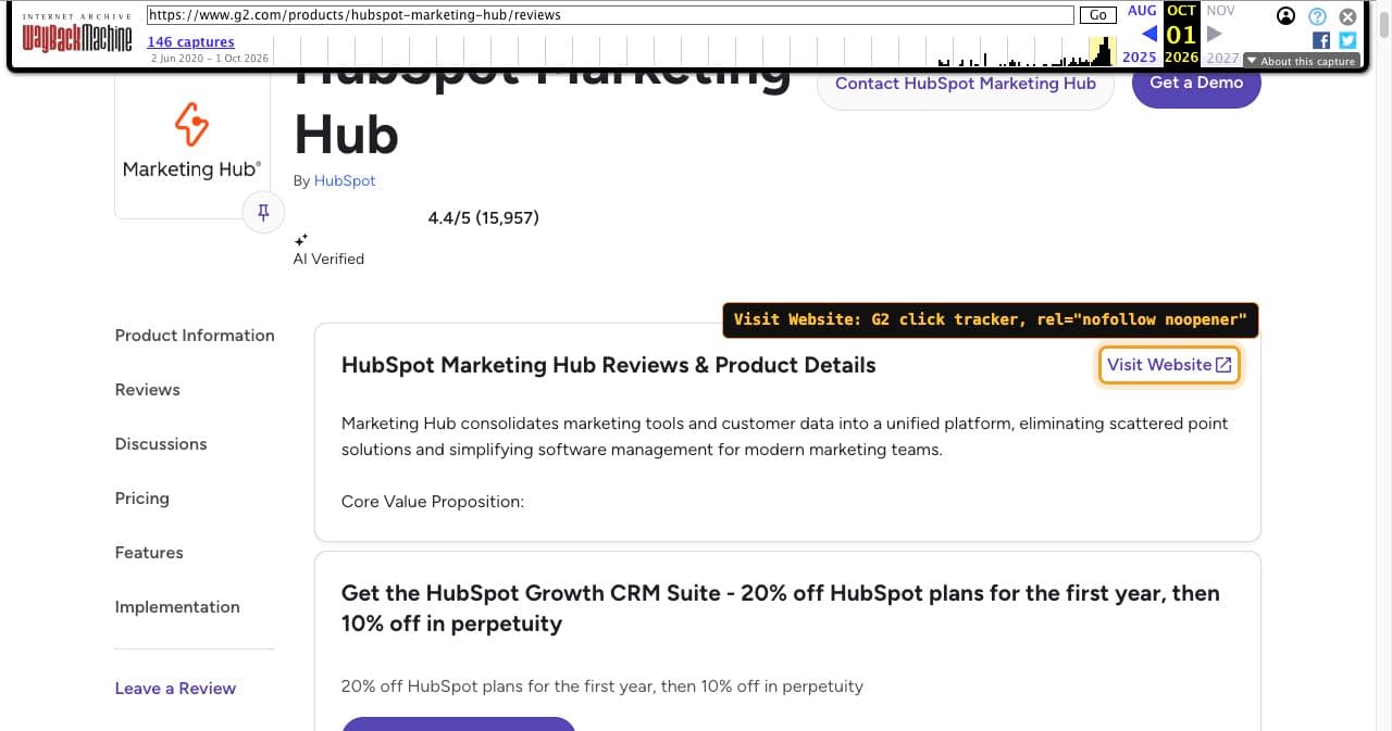 Internet Archive copy of HubSpot Marketing Hub's G2 profile from October 1, 2026, with the Visit Website button framed and labeled as a nofollow G2 click tracker