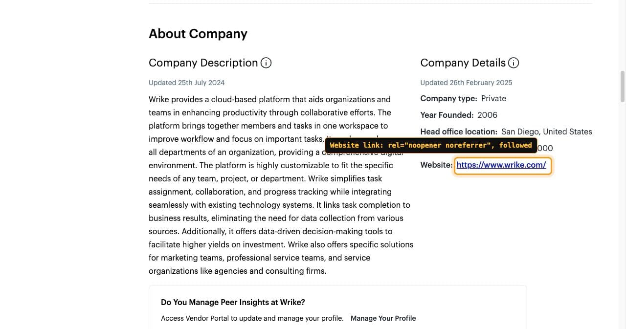 Wrike's Gartner Peer Insights page with the Website link framed and labeled rel noopener noreferrer, followed