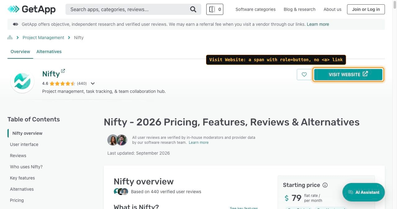 GetApp profile for Nifty with the Visit Website button framed and labeled as a span with role=button and no link