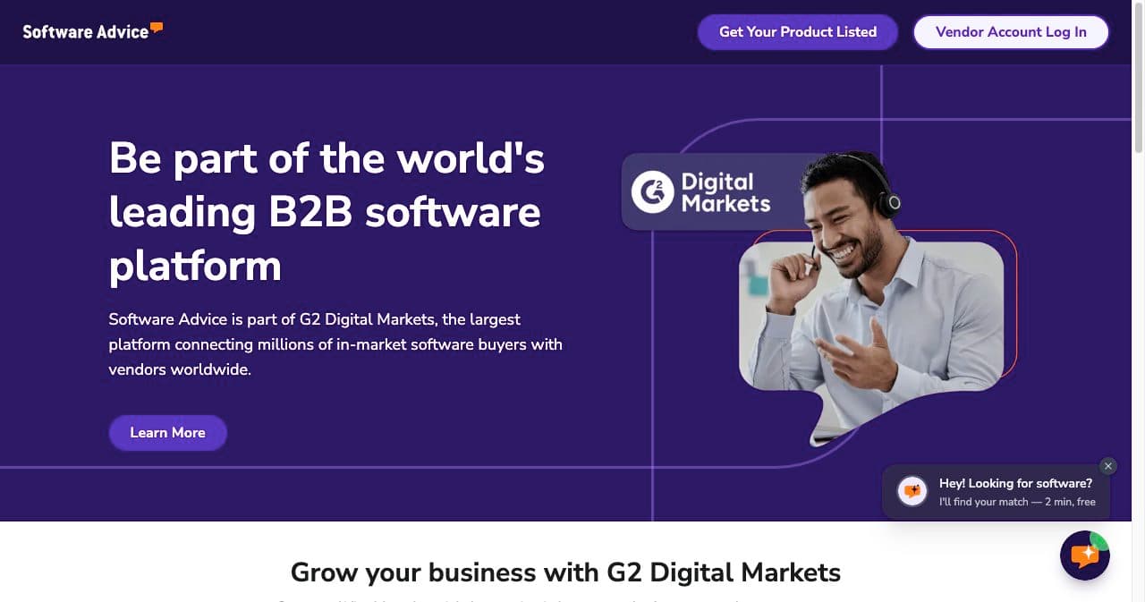 Software Advice vendor page saying it is part of G2 Digital Markets, with Get Your Product Listed and Vendor Account Log In buttons