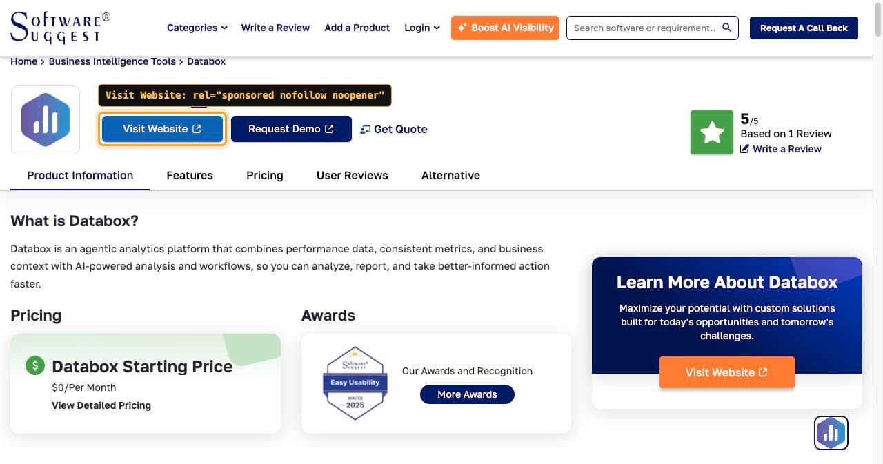 Databox profile on SoftwareSuggest with the paid Visit Website button framed and labeled rel sponsored nofollow noopener