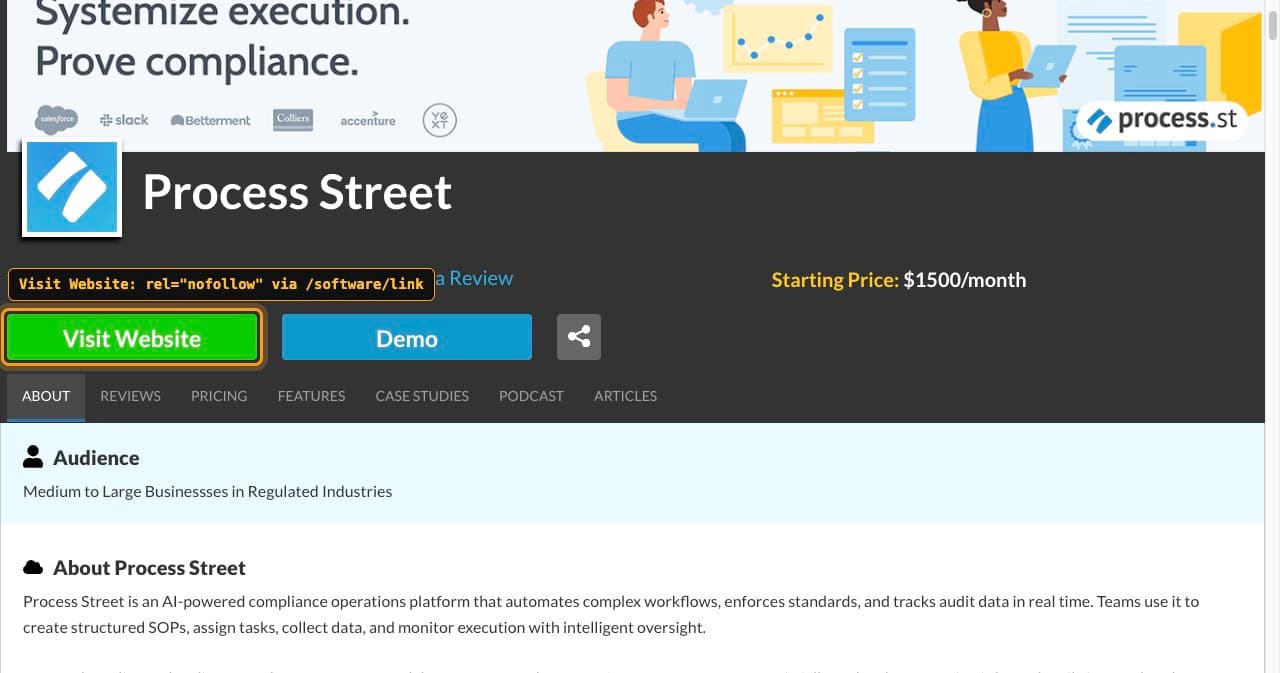 Process Street listing on SourceForge with the green Visit Website button framed and labeled rel nofollow via /software/link