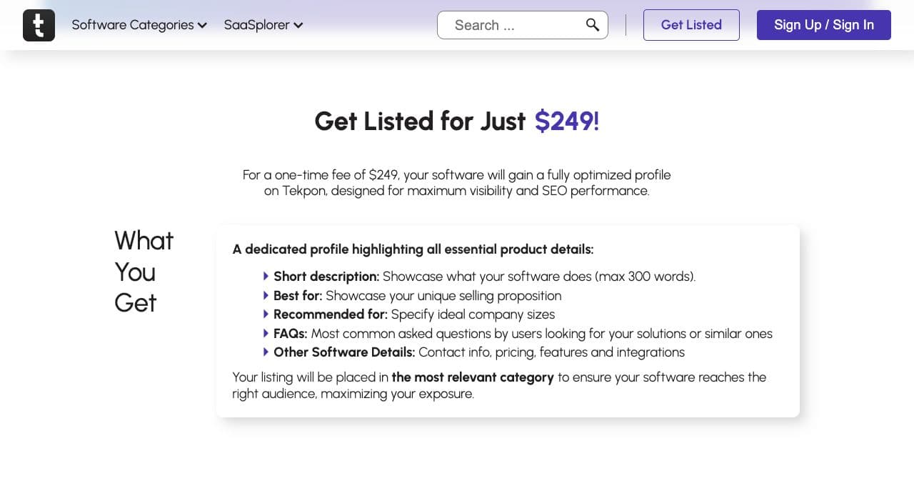 Tekpon get listed page headed Get Listed for Just $249, a one-time fee, with a What You Get box