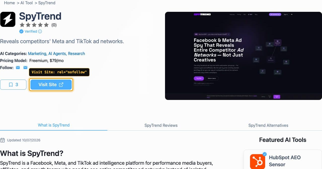 The SpyTrend listing on Futurepedia with the Visit Site button framed and labeled rel="nofollow"