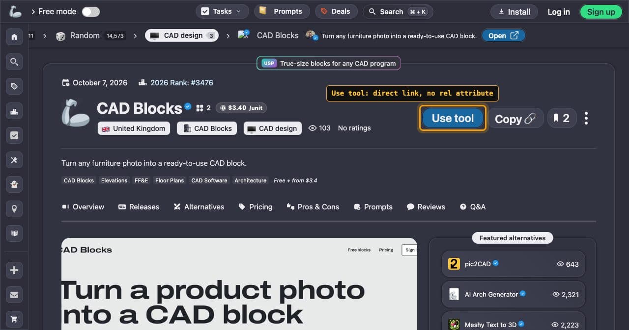 The CAD Blocks listing on There’s An AI For That with the Use tool button framed and labeled: direct link, no rel attribute