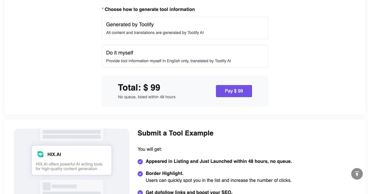 Toolify submit form showing Total: $99, No queue, listed within 48 hours, with a Pay $99 button