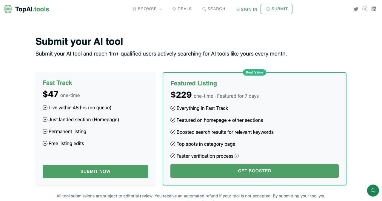 TopAI.tools submit page: Fast Track at $47 one-time (live within 48 hrs) and Featured Listing at $229 one-time (featured for 7 days)