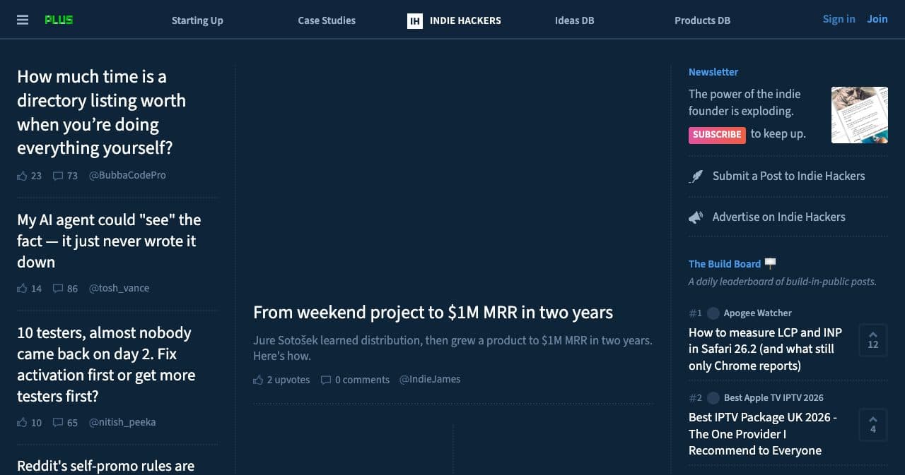 Indie Hackers homepage in September 2026, with founder posts and the daily Build Board leaderboard