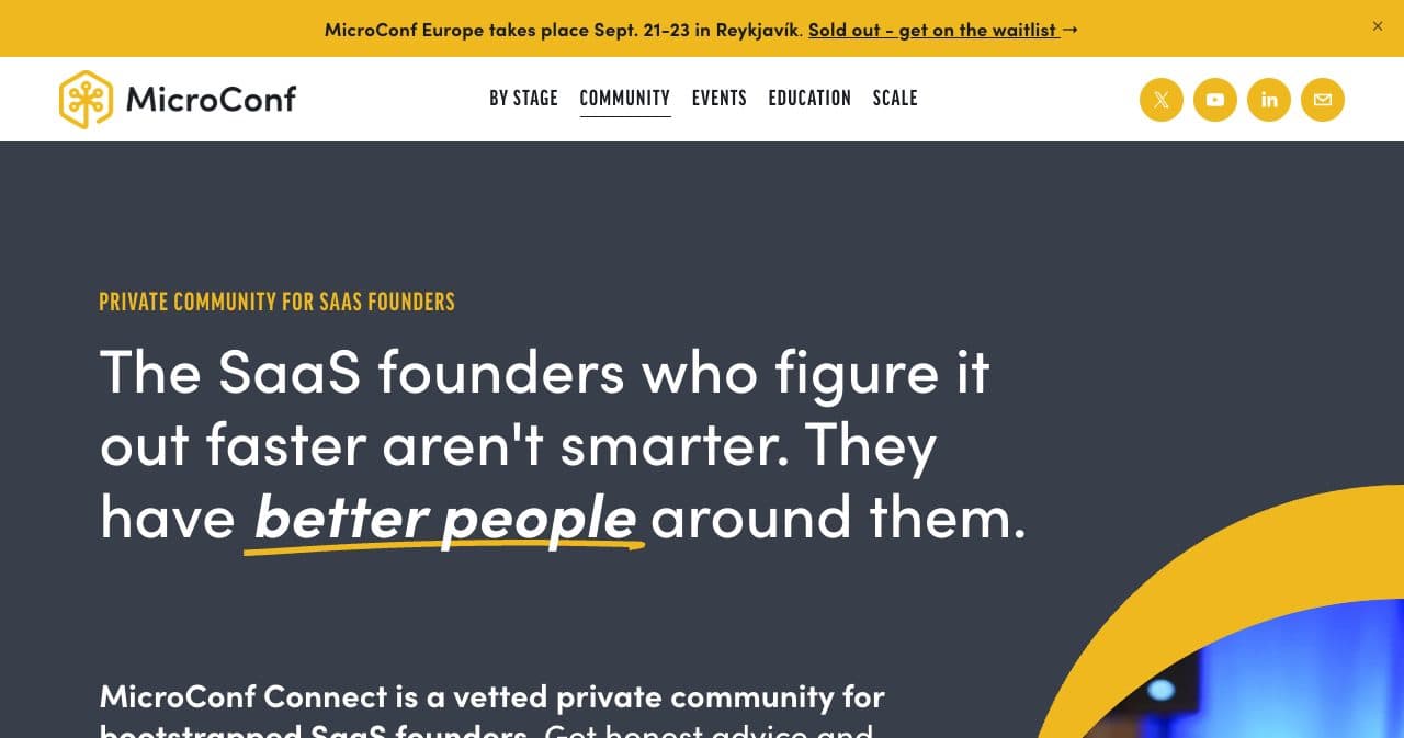 MicroConf Connect page: a vetted private community for bootstrapped SaaS founders