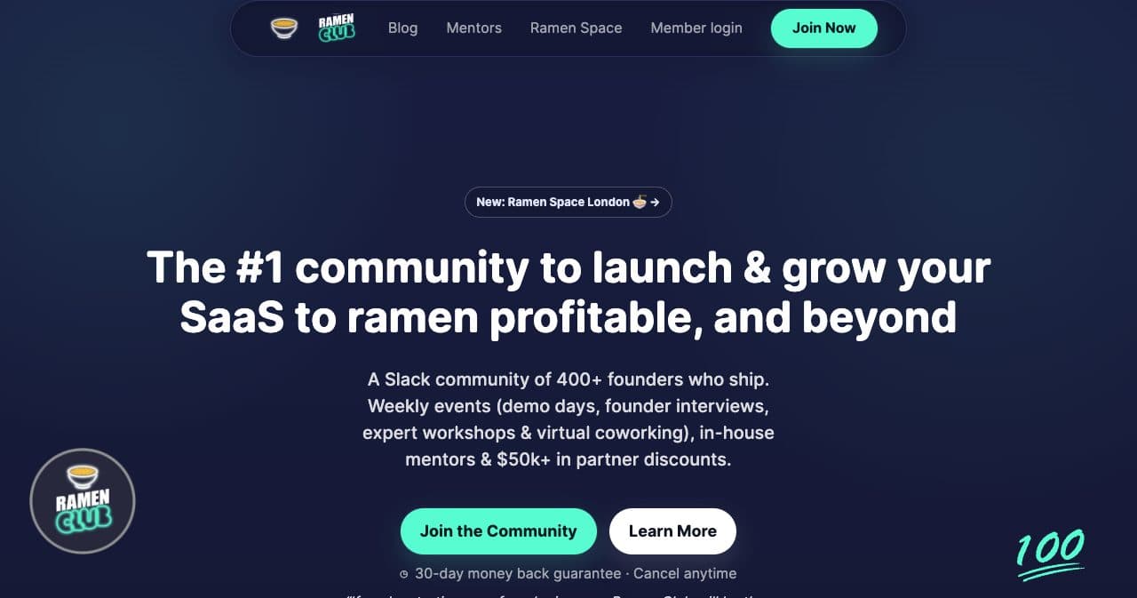 Ramen Club homepage: a Slack community of 400+ founders who ship, with Ramen Space London