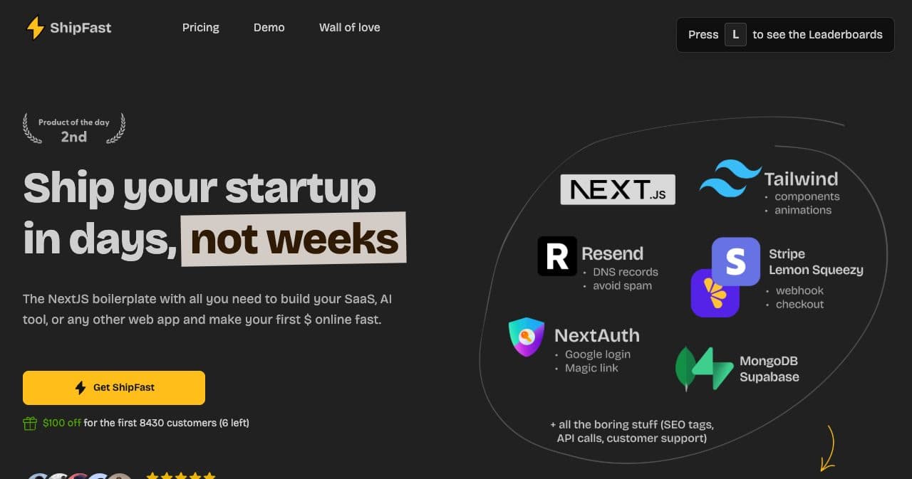 ShipFast homepage: the Next.js boilerplate whose buyers share a Discord