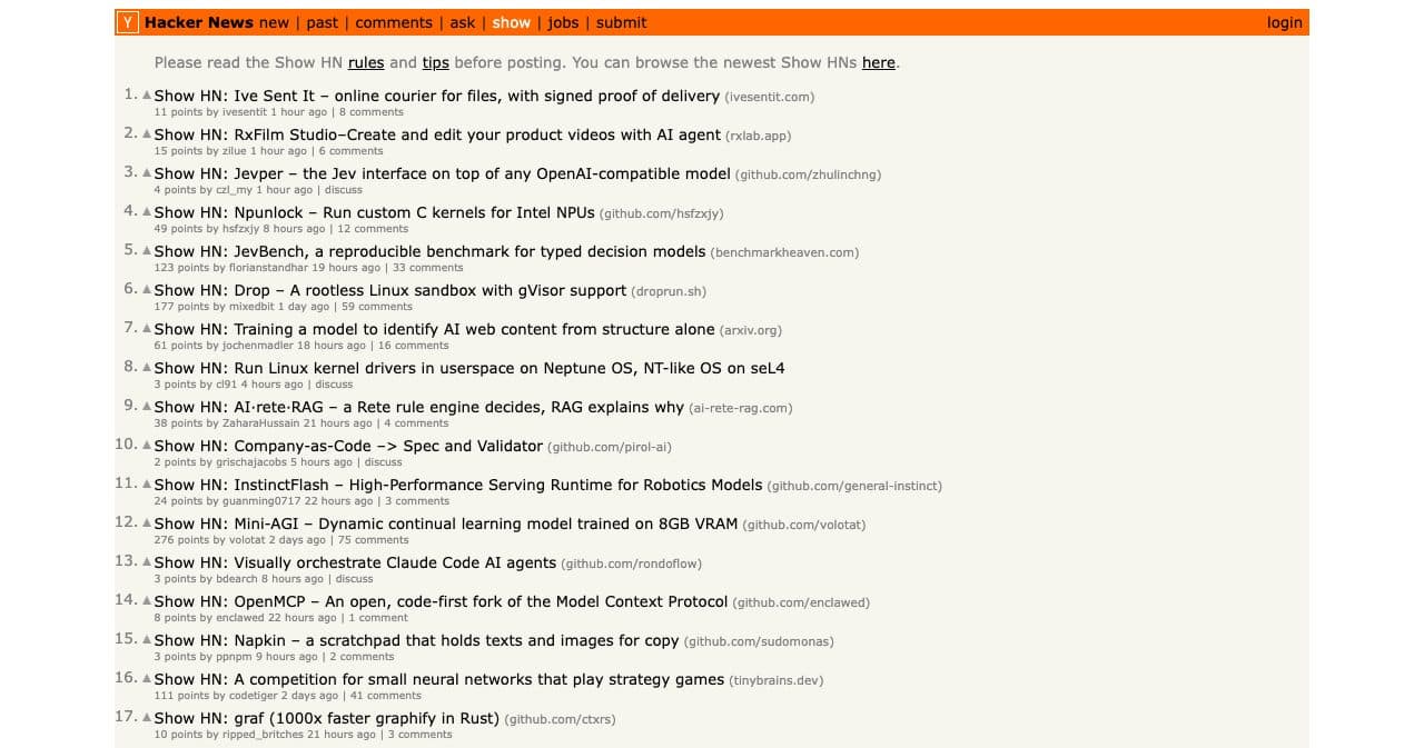 The Show HN page on Hacker News, a ranked list of founder launches