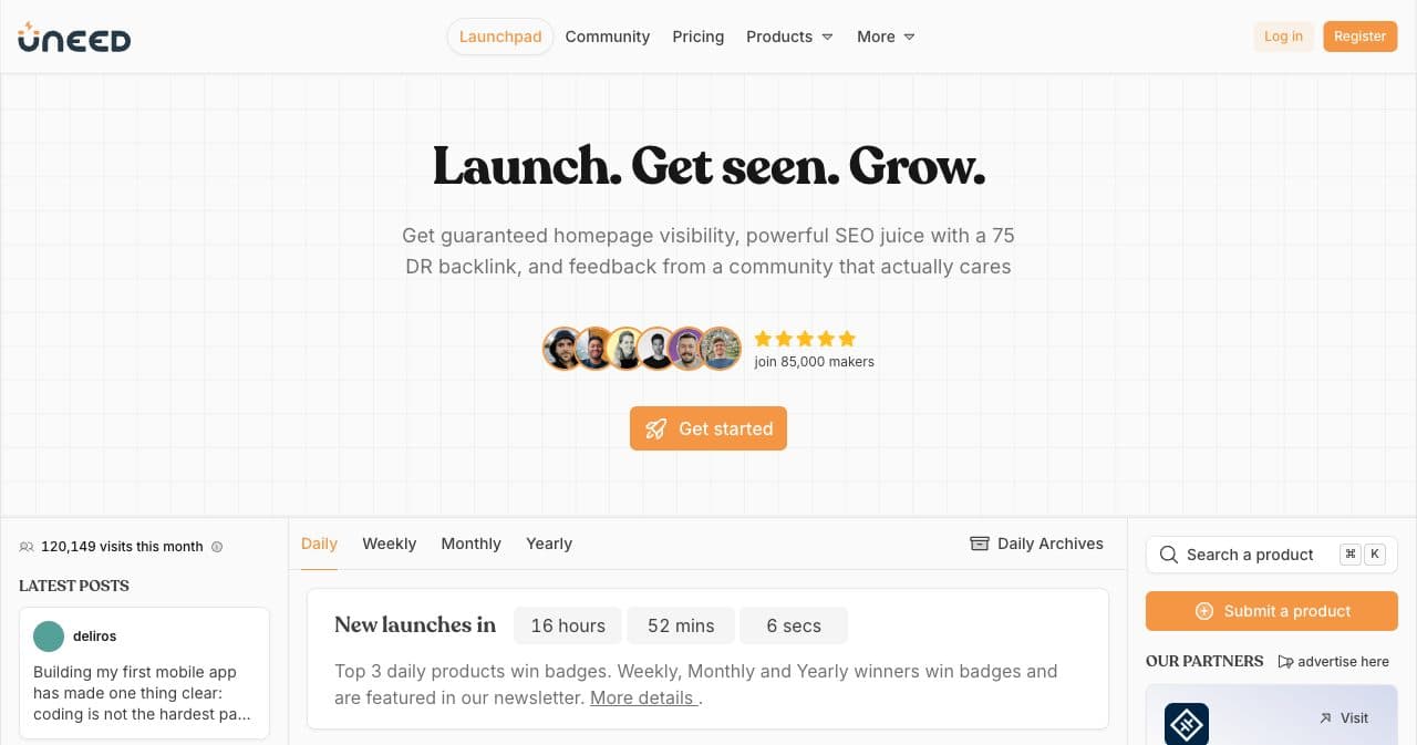 Uneed launchpad: daily launches, a DR 75 backlink and 85,000 makers