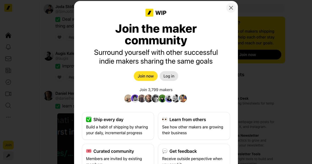 WIP join screen: ship every day, learn from others, a curated maker community of 3,799 makers