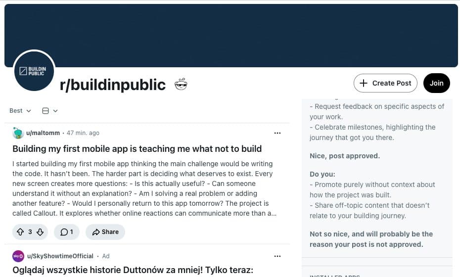 r/buildinpublic community page on Reddit, September 2026