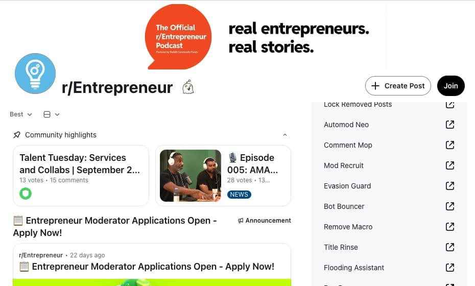 r/Entrepreneur community page on Reddit, September 2026