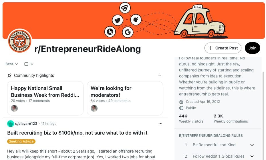 r/EntrepreneurRideAlong community page on Reddit, September 2026