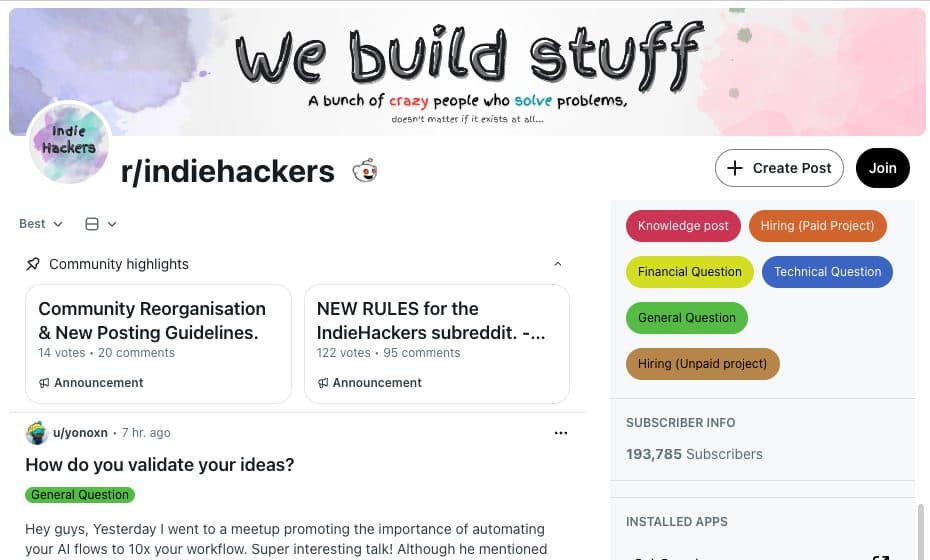 r/indiehackers community page on Reddit, September 2026