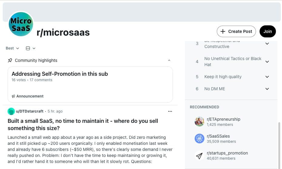r/microsaas community page on Reddit, September 2026