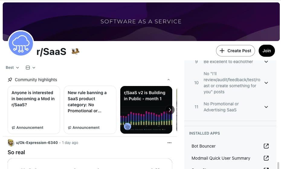 r/SaaS community page on Reddit, September 2026