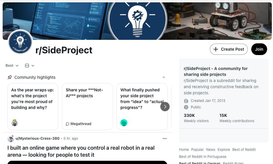 r/SideProject community page on Reddit, September 2026