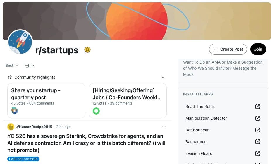 r/startups community page on Reddit, September 2026